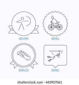 Diving, biking and archery icons. Bobsled linear sign. Award medal, star label and speech bubble designs. Vector