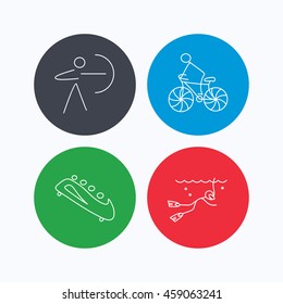 Diving, biking and archery icons. Bobsled linear sign. Linear icons on colored buttons. Flat web symbols. Vector