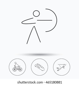 Diving, biking and archery icons. Bobsled linear sign. Linear icons in circle buttons. Flat web symbols. Vector