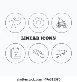 Diving, biking and archery icons. Bobsled linear sign. Flat cogwheel and calendar symbols. Linear icons in circle buttons. Vector