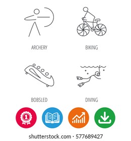 Diving, biking and archery icons. Bobsled linear sign. Award medal, growth chart and opened book web icons. Download arrow. Vector