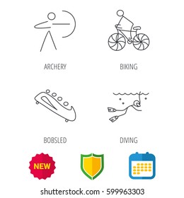 Diving, biking and archery icons. Bobsled linear sign. Shield protection, calendar and new tag web icons. Vector