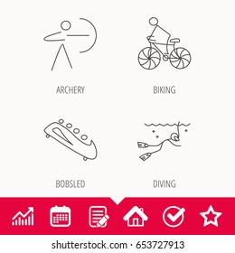 Diving, biking and archery icons. Bobsled linear sign. Edit document, Calendar and Graph chart signs. Star, Check and House web icons. Vector