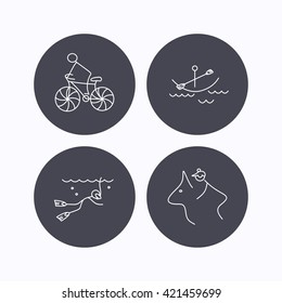 Diving, biking and horseback riding icons. Boating linear sign. Flat icons in circle buttons on white background. Vector