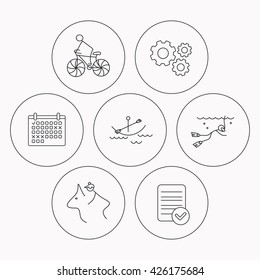 Diving, biking and horseback riding icons. Boating linear sign. Check file, calendar and cogwheel icons. Vector