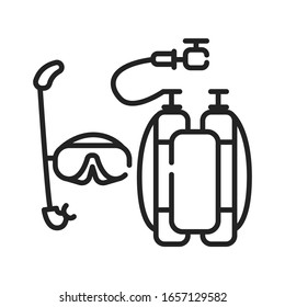 Diving black line icon. Human activity underwater. Mask and regulator dive, snorkeling equipment. Pictogram for web page, mobile app, promo. UI UX GUI design element. Editable stroke.