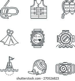 Diving black line vector icons. Set of black contour vector icons for diving equipment and objects on white background.