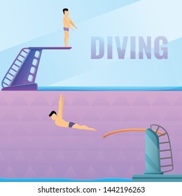 Diving board banner set. Cartoon illustration of diving board vector banner set for web design