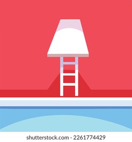 Diving board by blue water swimming pool vector illustration isolated on square red background. Simple and flat art concept design for social media post cover, poster, banner, and others.