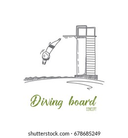 Diving board concept. Hand drawn person jumping from diving board in pool. Happy diver during swimming competition isolated vector illustration.