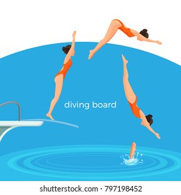 Diving board and female swimmer in swimsuit that jumps