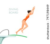 Diving board and girl in red swimsuit jumps from it