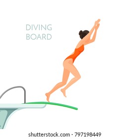 Diving board and girl in red swimsuit jumps from it