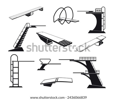 Diving board icon swimming pool sport tool furniture black monochrome set isometric vector illustration. Stairs platform with railings different shape for dive jumping underwater swimmer springboard Stockfoto © 