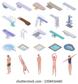 Diving board icons set. Isometric set of diving board vector icons for web design isolated on white background