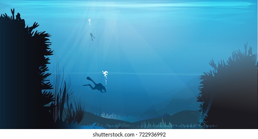 diving to the bottom of the ocean vector illustration