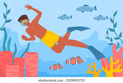 Diving boy with mask concept. Young guy underwater with fish. Man in yellow swimsuit near reefs and corrals. Sea and ocean. Holiday and vacation, travel. Cartoon flat vector illustration