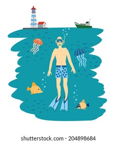 Diving Boy. Under Water. Vector Illustration