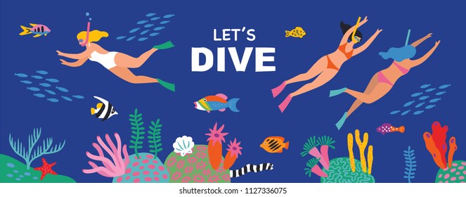 Diving card collection. Cute style. Vector illustration. 