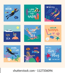 Diving card collection. Cute style. Vector illustration. 