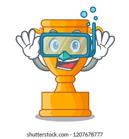 Diving cartoon trophy cup with star on cyan