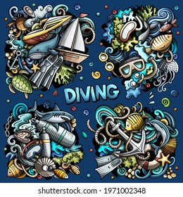 Diving cartoon vector doodle designs set. Colorful detailed compositions with lot of dive objects and symbols. All items are separate