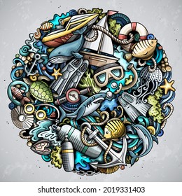 Diving cartoon vector doodles illustration. Water sports poster design. Diver elements and objects background. Bright colors funny picture. All items are separated
