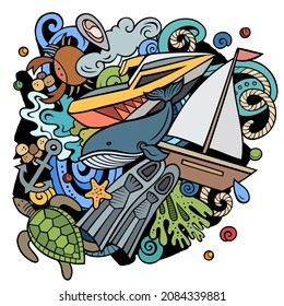 Diving cartoon vector doodles illustration. Water sports elements and objects background. Bright colors funny picture. All items are separated