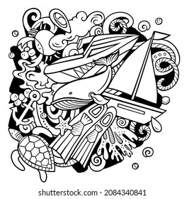 Diving cartoon vector doodles illustration. Water sports elements and objects background. Sketchy funny picture. All items are separated