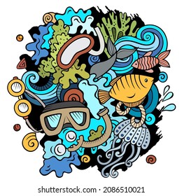 Diving cartoon vector doodles illustration. Water sports elements and objects background. Bright colors funny picture. All items are separated