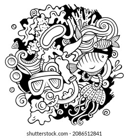 Diving cartoon vector doodles illustration. Water sports elements and objects background. Sketchy funny picture. All items are separated
