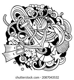 Diving cartoon vector doodles illustration. Water sports elements and objects background. Sketchy funny picture. All items are separated