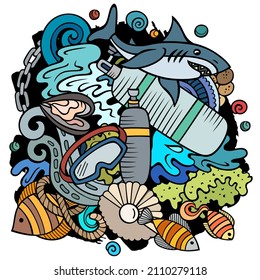 Diving cartoon vector doodles illustration. Water sports elements and objects background. Bright colors funny picture. All items are separated