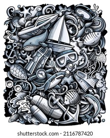 Diving cartoon vector doodles illustration. Dive poster design. Water sports elements and objects background. Monochrome funny picture. All items are separated