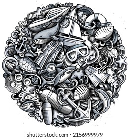 Diving cartoon vector doodles illustration. Dive poster design. Water sports elements and objects background. Monochrome funny picture. All items are separated