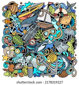 Diving Cartoon Vector Doodles Illustration. Dive Poster Design. Water Sports Elements And Objects Background. Colorful Funny Picture. All Items Are Separated