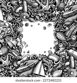 Ilustración de garabatos vectoriales de buceo. Diseño del cuadro de buceo. Elementos y objetos de los deportes náuticos de fondo. Borde divertido monocromo. Todos los elementos están separados