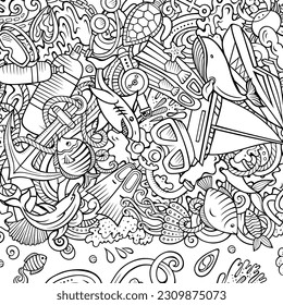 Diving cartoon vector doodles illustration. Dive frame design. Water sports elements and objects background. Sketchy funny border. All items are separated