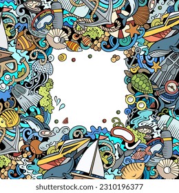 Diving cartoon vector doodles illustration. Dive frame design. Water sports elements and objects background. Colorful funny border. All items are separated