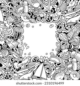 Diving cartoon vector doodles illustration. Dive frame design. Water sports elements and objects background. Sketchy funny border. All items are separated