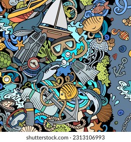 Diving cartoon vector doodles illustration. Dive frame design. Water sports elements and objects background. Colorful funny border. All items are separated