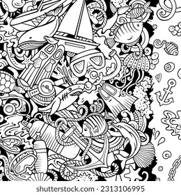 Diving cartoon vector doodles illustration. Dive frame design. Water sports elements and objects background. Sketchy funny border. All items are separated