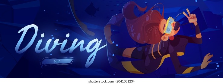 Diving cartoon web banner, scuba diver girl explore sea bottom. Woman wear costume, flippers, mask and tube underwater floating, female character in ocean, extreme recreation, vector illustration