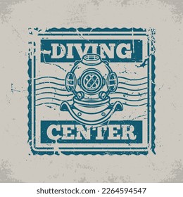 Diving center emblem vintage monochrome scuba diving medieval frogman exploring bottom ocean for scientific or military purposes vector illustration