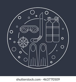 Diving center or snorkeling emblem, banner. Vector illustration in line art style. Design concept for poster, card, logo with mask, compass, flippers.