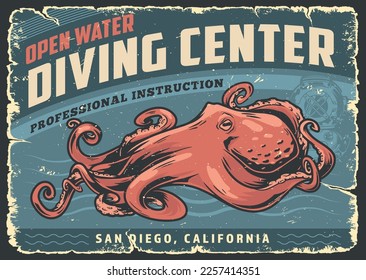 Diving center vintage flyer colorful an invitation to attend lessons of professional instructors in water dipping with octopus vector illustration