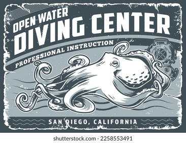 Diving center vintage poster monochrome with octopus lying on bottom of sea to advertise school education professional divers vector illustration