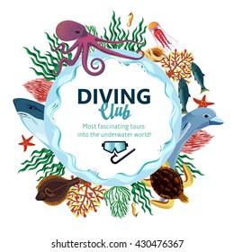 Diving club advertising with round decorative frame consisting of sea underwater inhabitants vawes and seaweed flat vector illustration