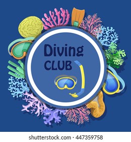 Diving club advertising with round decorative frame with mask, tube, corals vector