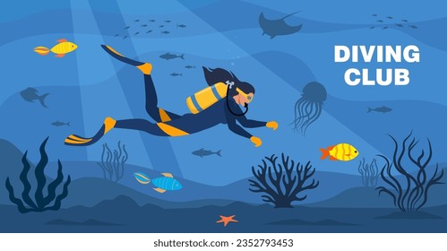 Diving club banner. Diver with diving equipment swims in the sea. Seascape banner with woman underwater. Girl wearing wetsuit with oxygen tank and fins. Underwater world. Vector illustration